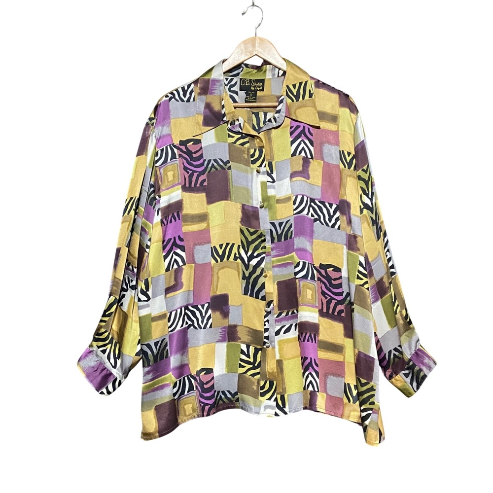 CB Studio by Cory B Vintage Women's 1X Silk Blouse Patchwork Zebra Print 90s Art